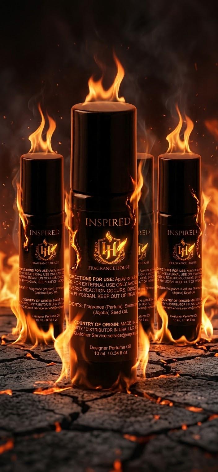 Four Inspired Fragrance House rollerball bottles surrounded by flames